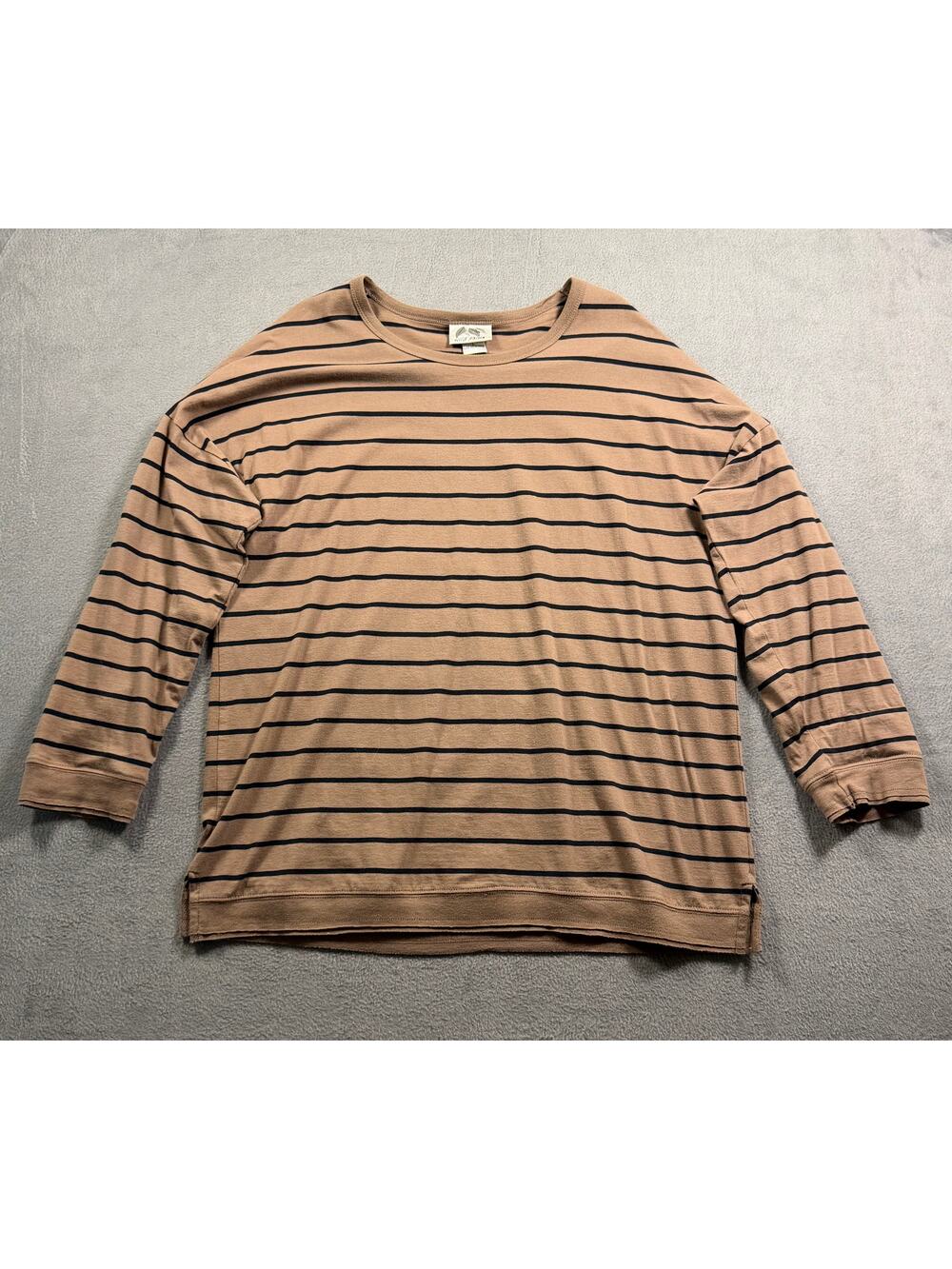Wild Palms Top Large Tan Brown Black Striped Crewneck Drop Shoulder Tee Blouse